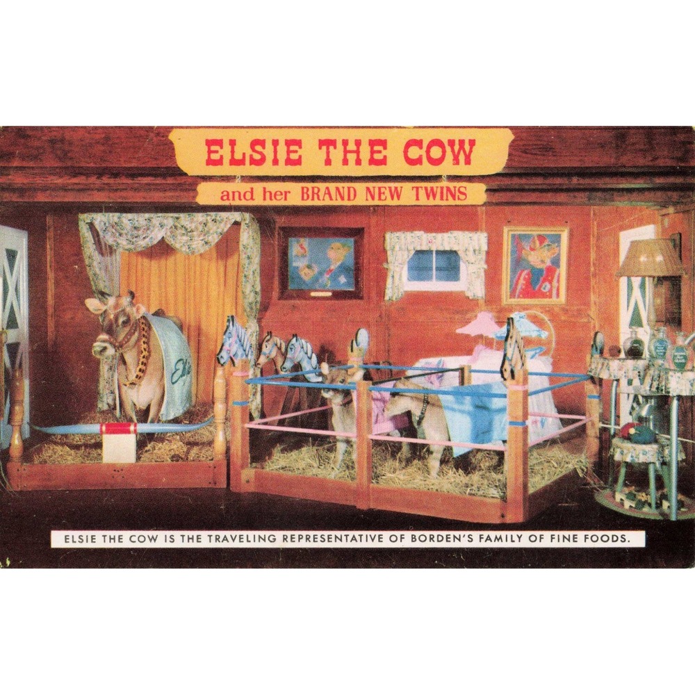 Vtg 1957 Elsie the Cow Borden's Advertising Postcard Twins Traveling Exhibit - Picture 1 of 2